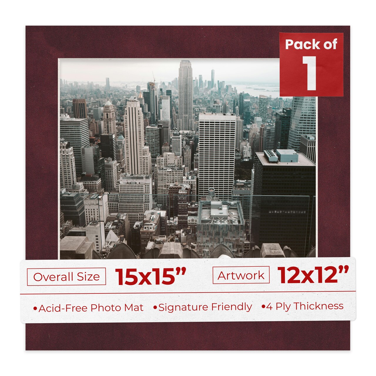 Dark Red Suede Mat Board for 15x15 Frames - Fits 12x12 Photos